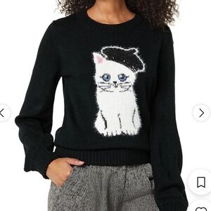 Karl Lagerfeld Paris Black Sweater with Cat and Beret Design. NWT Sz M